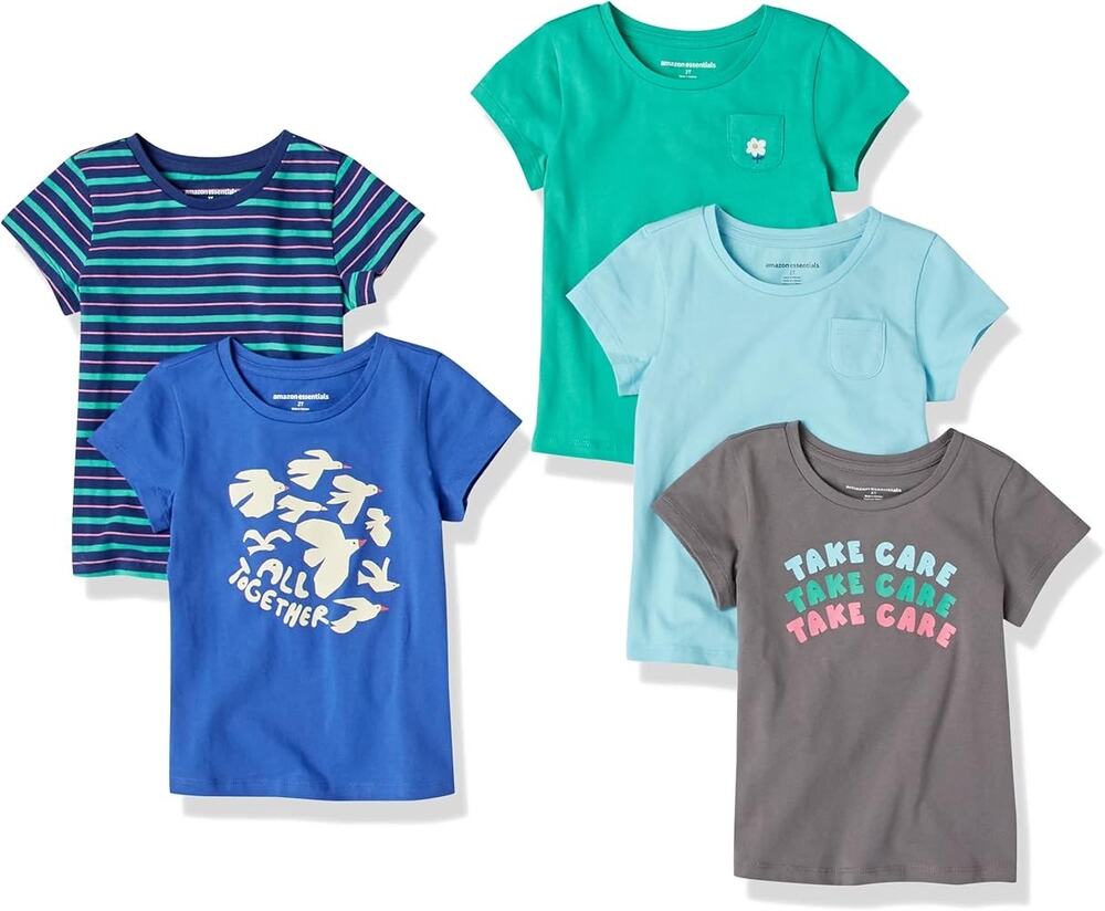 NWT New Amazon Essentials Girls' 5 Pack Short-Sleeve T-Shirts Youth Size XS